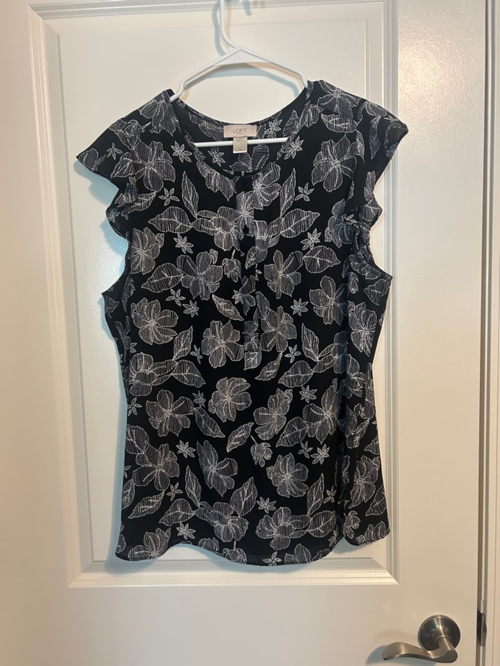 LOFT Black Floral Ruffle-Sleeve Blouse